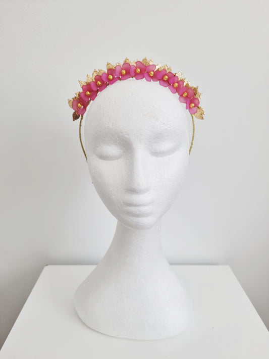 Miss Freya. Womens embellished flower headband fascinator in Hot Pink /gold