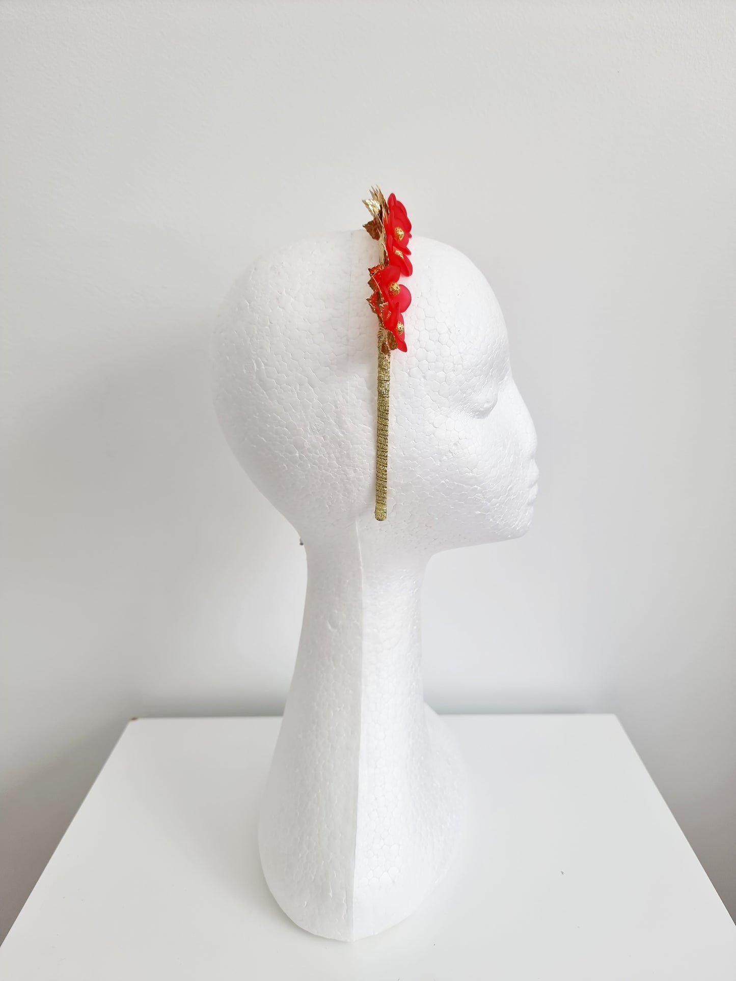 Miss Freya. Womens embellished flower headband fascinator in Red /gold