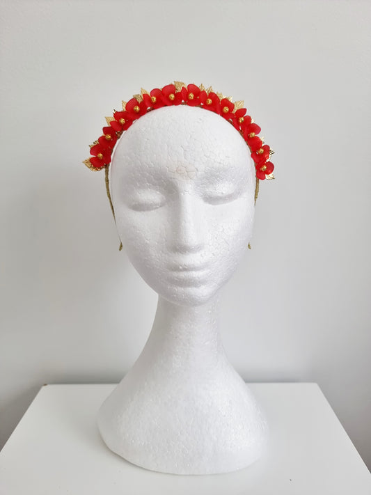 Miss Freya. Womens embellished flower headband fascinator in Red /gold
