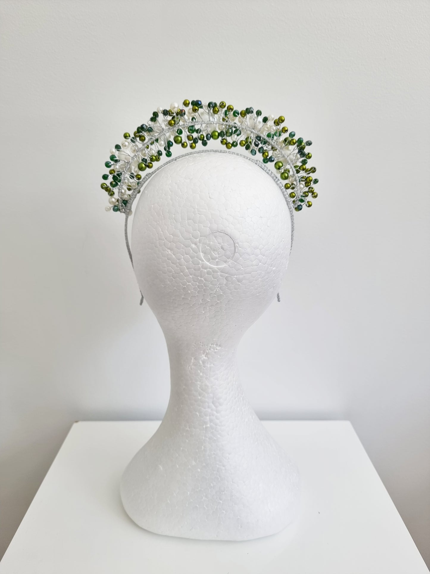 Miss Sienna. Womens pearl and crystal beaded headband fascinator in Greens / ivory