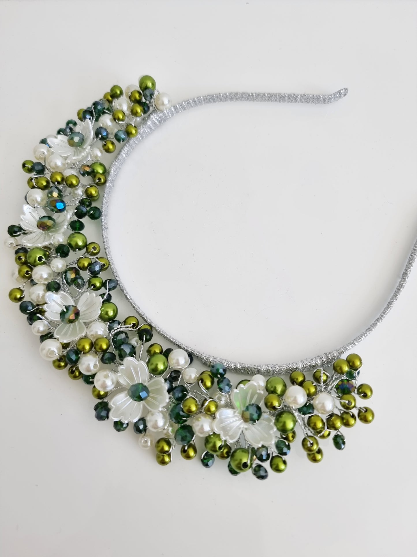 Miss Sienna. Womens pearl and crystal beaded headband fascinator in Greens / ivory