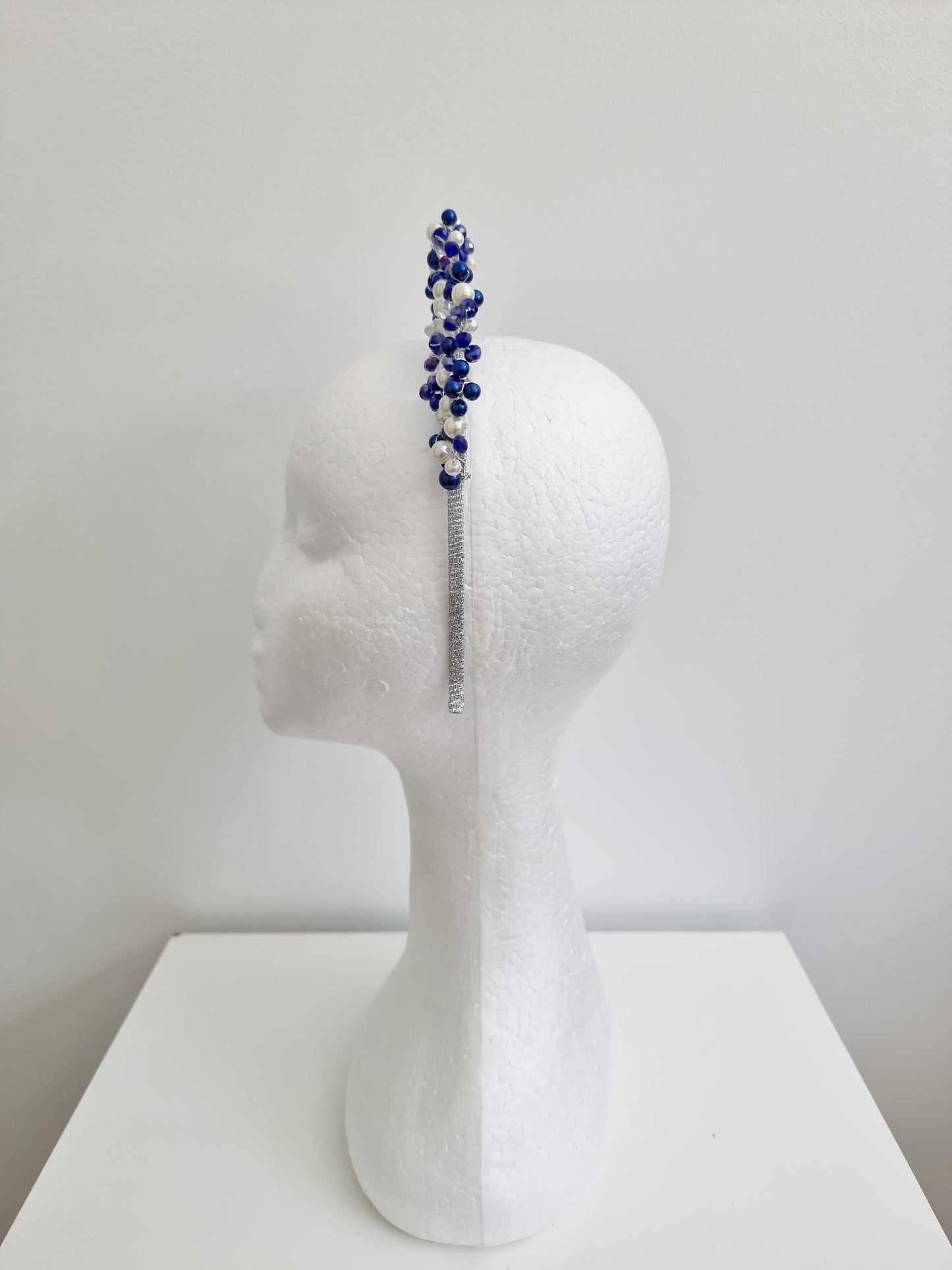 Miss Sienna. Womens pearl and crystal beaded headband fascinator in Royal Blue/white