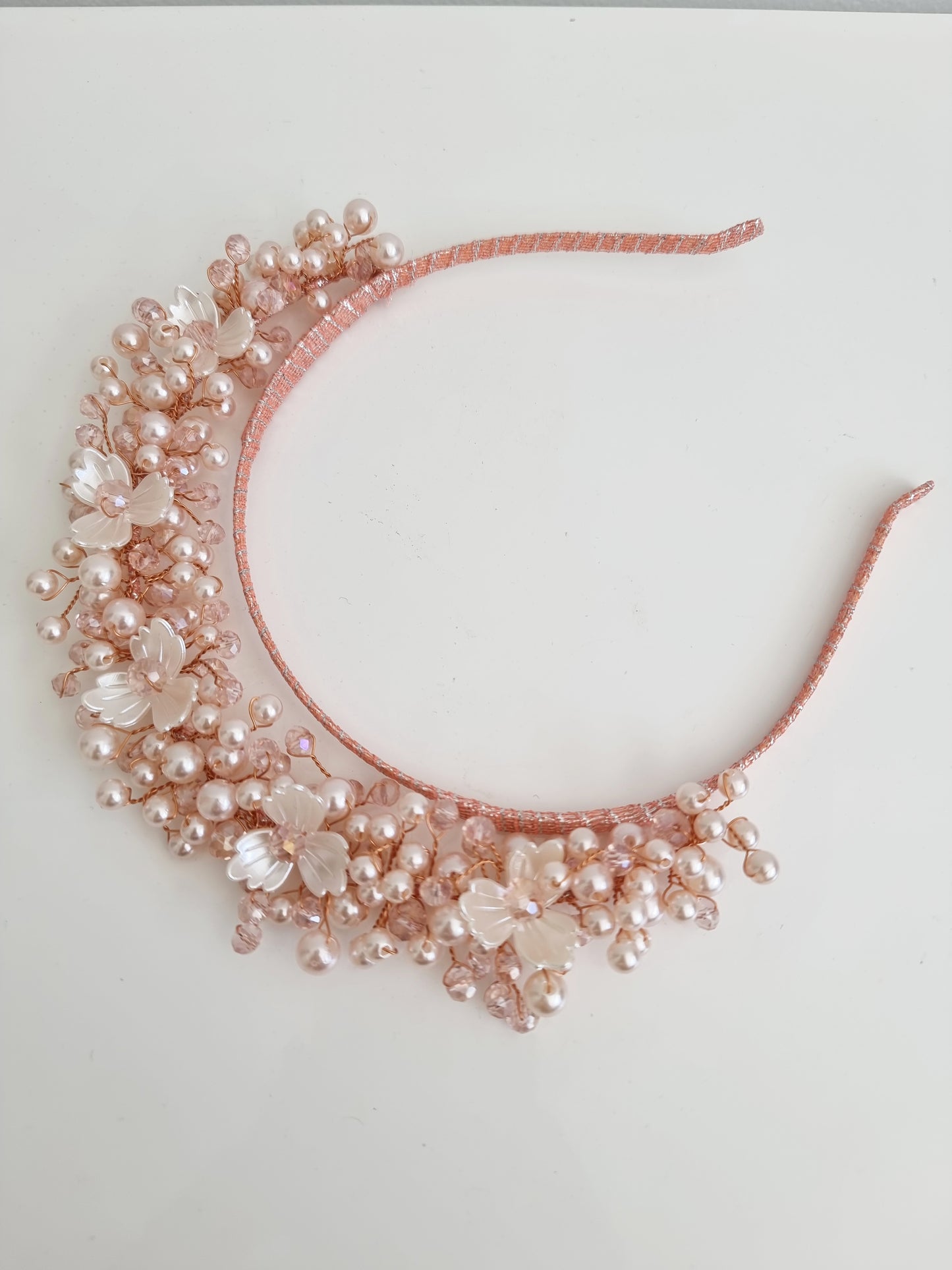 Miss Sienna. Womens pearl and crystal beaded headband fascinator in Pale Pink/ivory