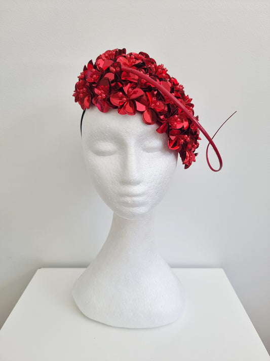 Miss Jamie . Womens Red 3D flower encrusted fascinator with quill