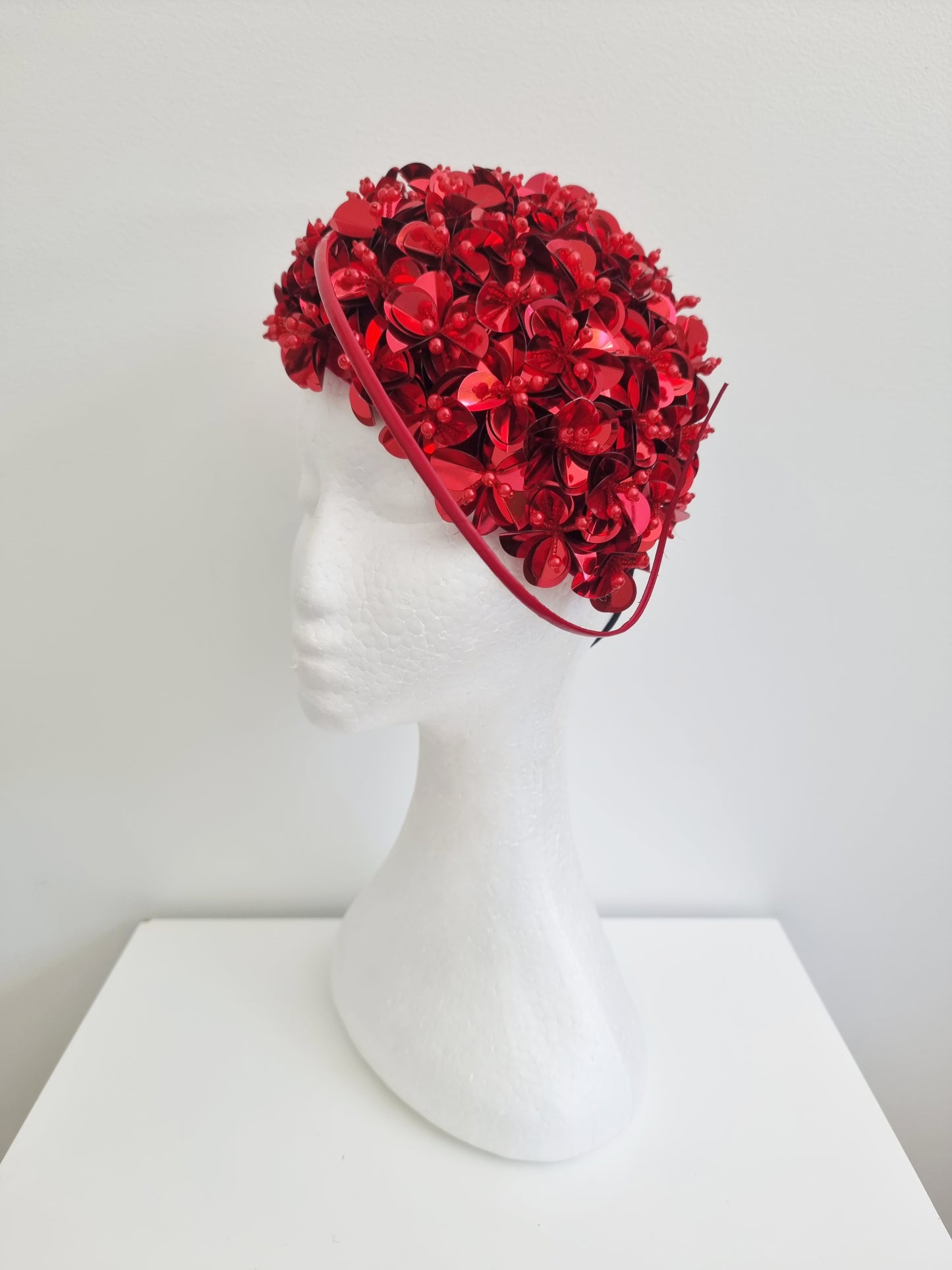 Miss Jamie . Womens Red 3D flower encrusted fascinator with quill