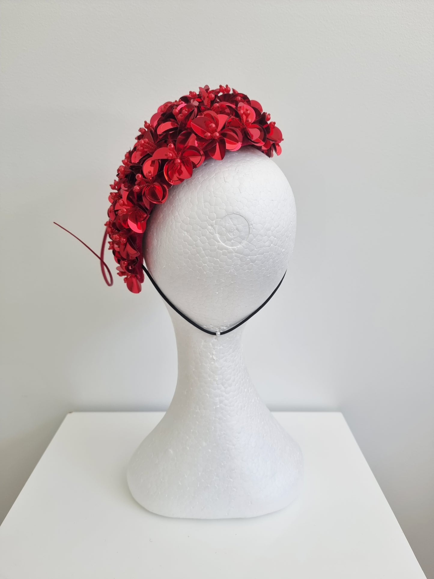 Miss Jamie . Womens Red 3D flower encrusted fascinator with quill