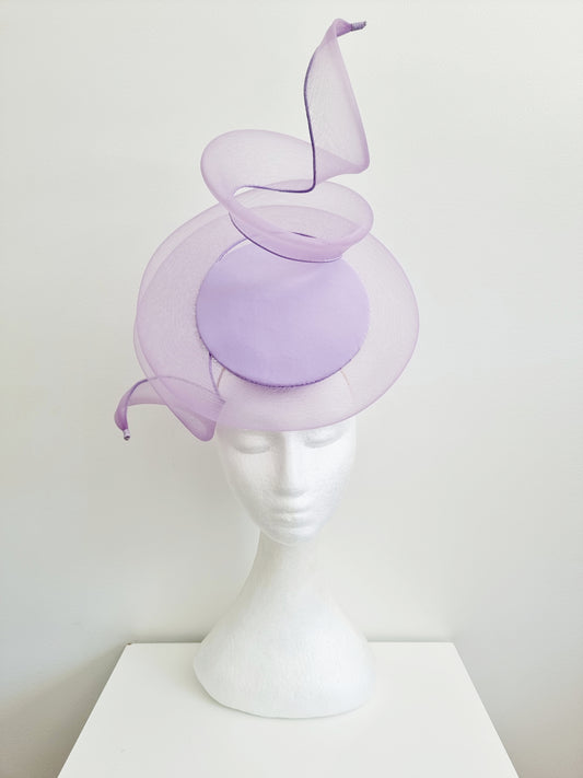 Miss Duke. Womens Lilac button percher headband fascinator with crinoline swirl