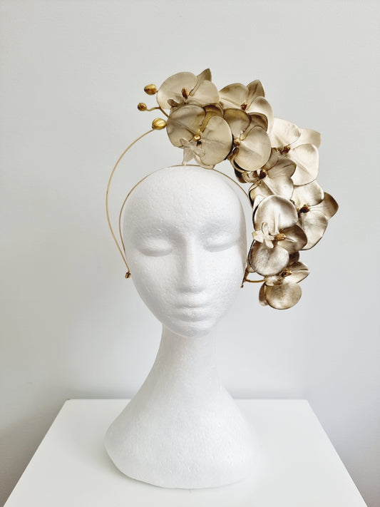 Miss Addison. Womens orchid halo headband fascinator in gold