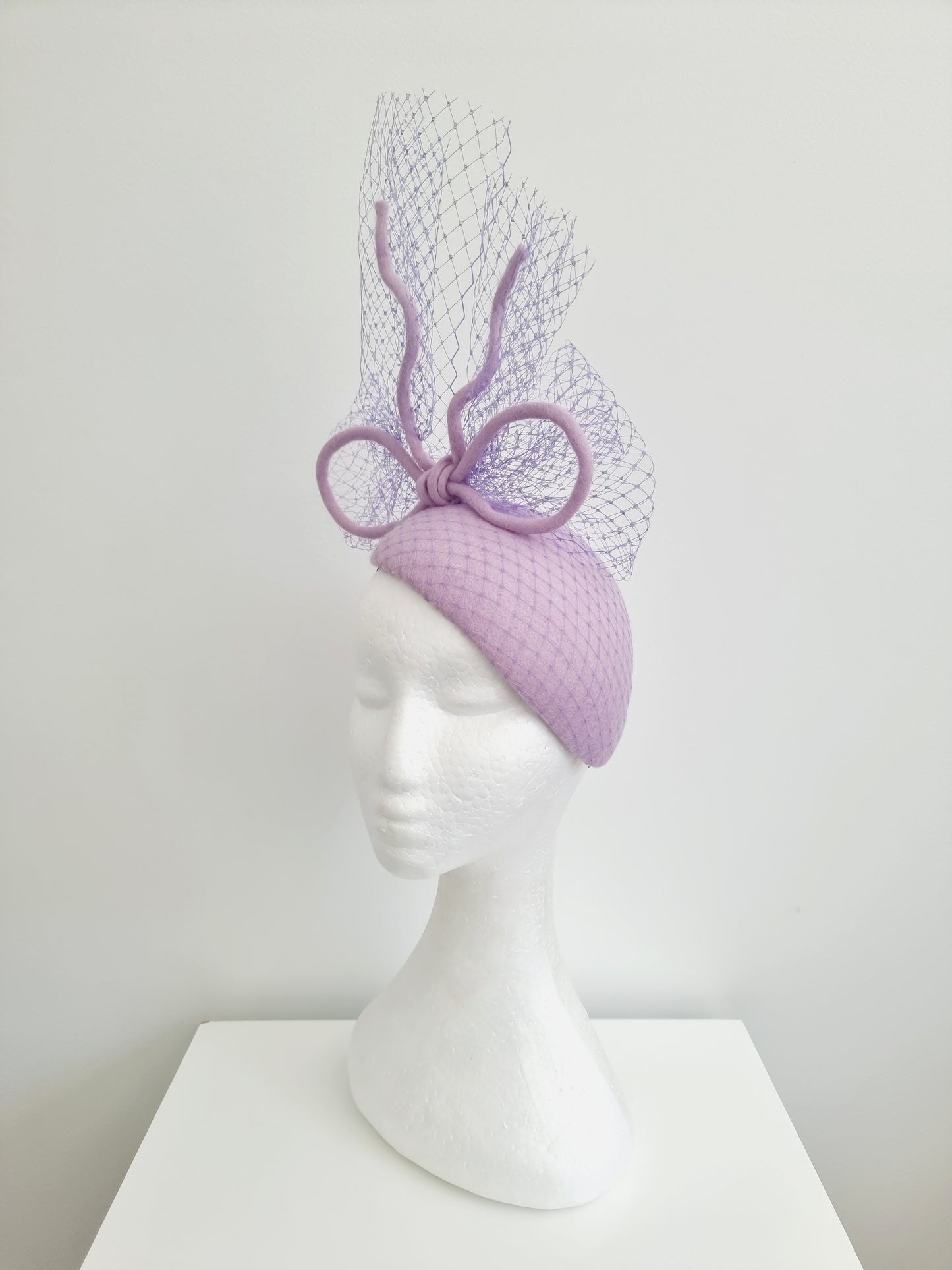 Miss Leslie. Womens Lilac wool felt fascinator with bow and veiling