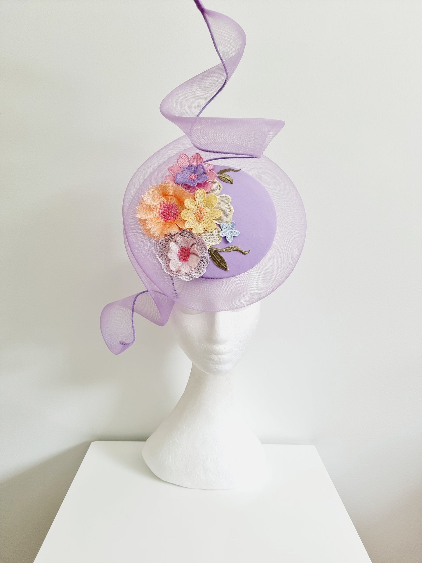 Miss Whimsical percher. Womens Lilac button headband fascinator with crinoline swirl and 3D lace