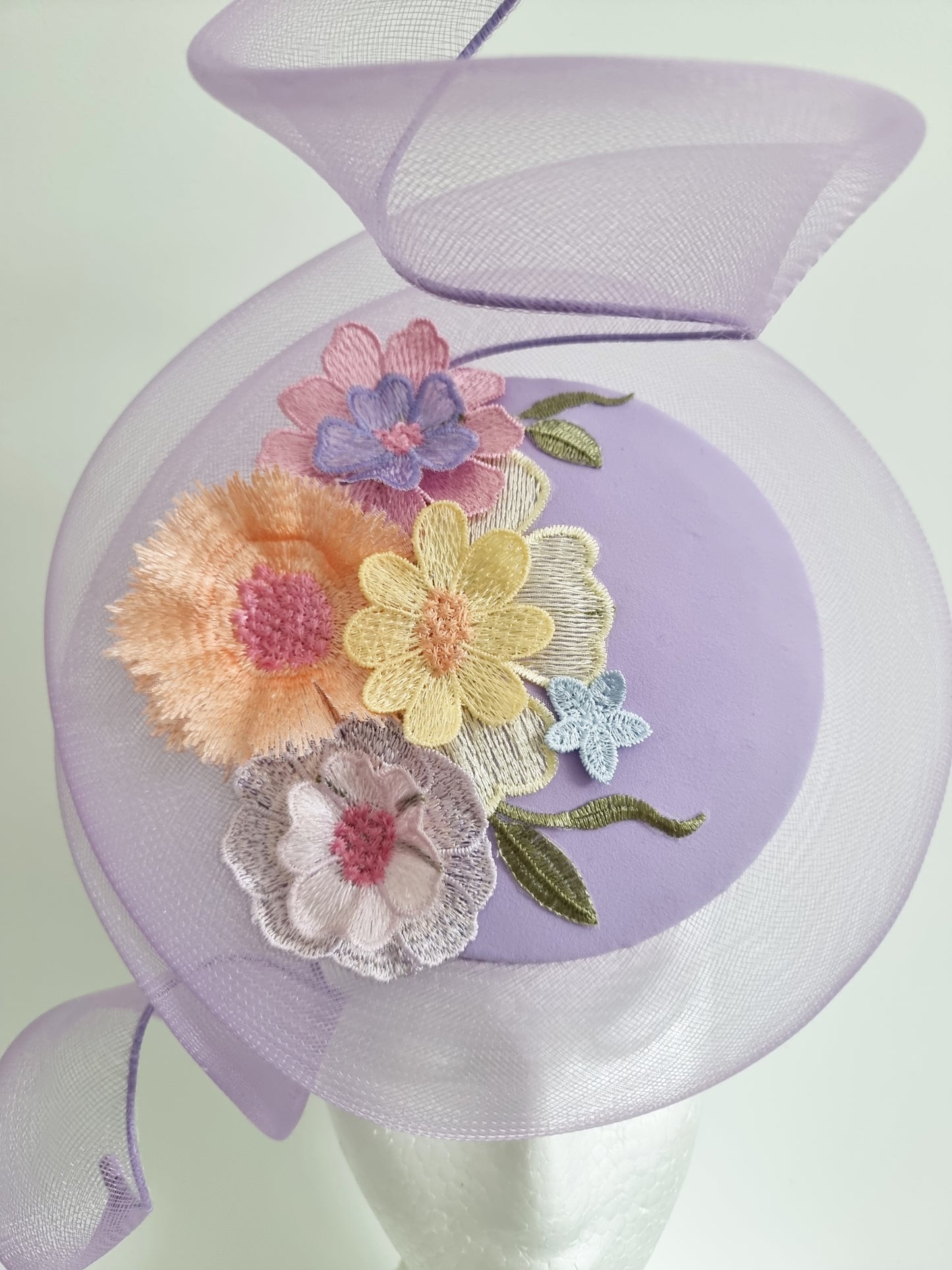 Miss Whimsical percher. Womens Lilac button headband fascinator with crinoline swirl and 3D lace