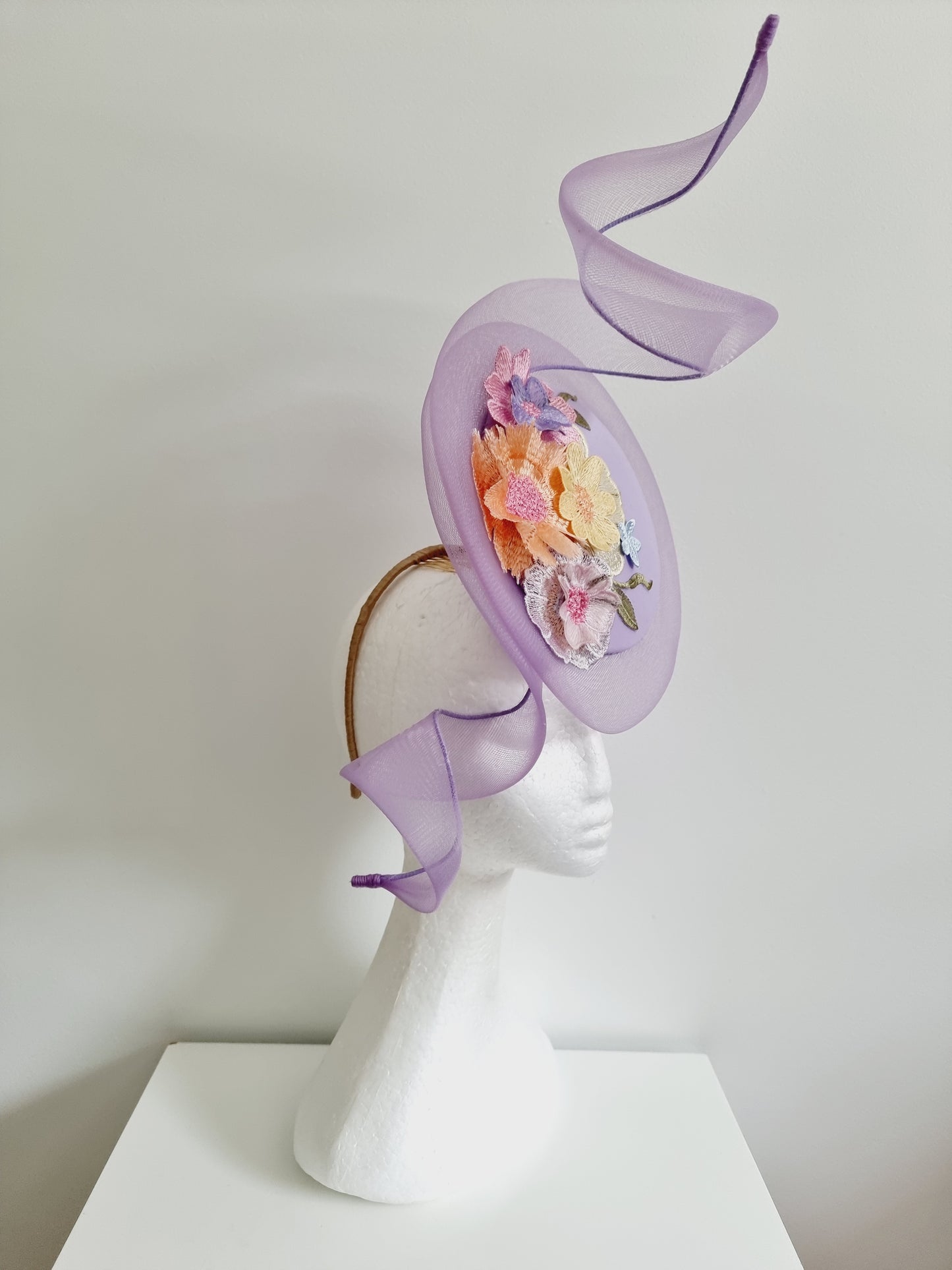 Miss Whimsical percher. Womens Lilac button headband fascinator with crinoline swirl and 3D lace