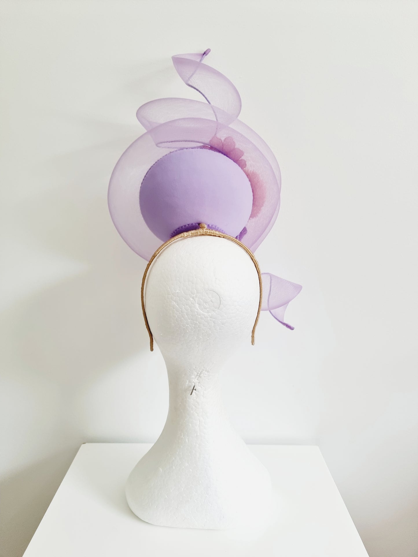 Miss Whimsical percher. Womens Lilac button headband fascinator with crinoline swirl and 3D lace