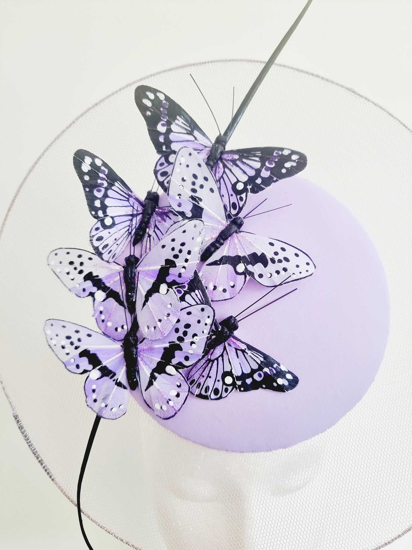 Miss Papillion.Womens Lilac satellite percher headband fascinator with butterflies