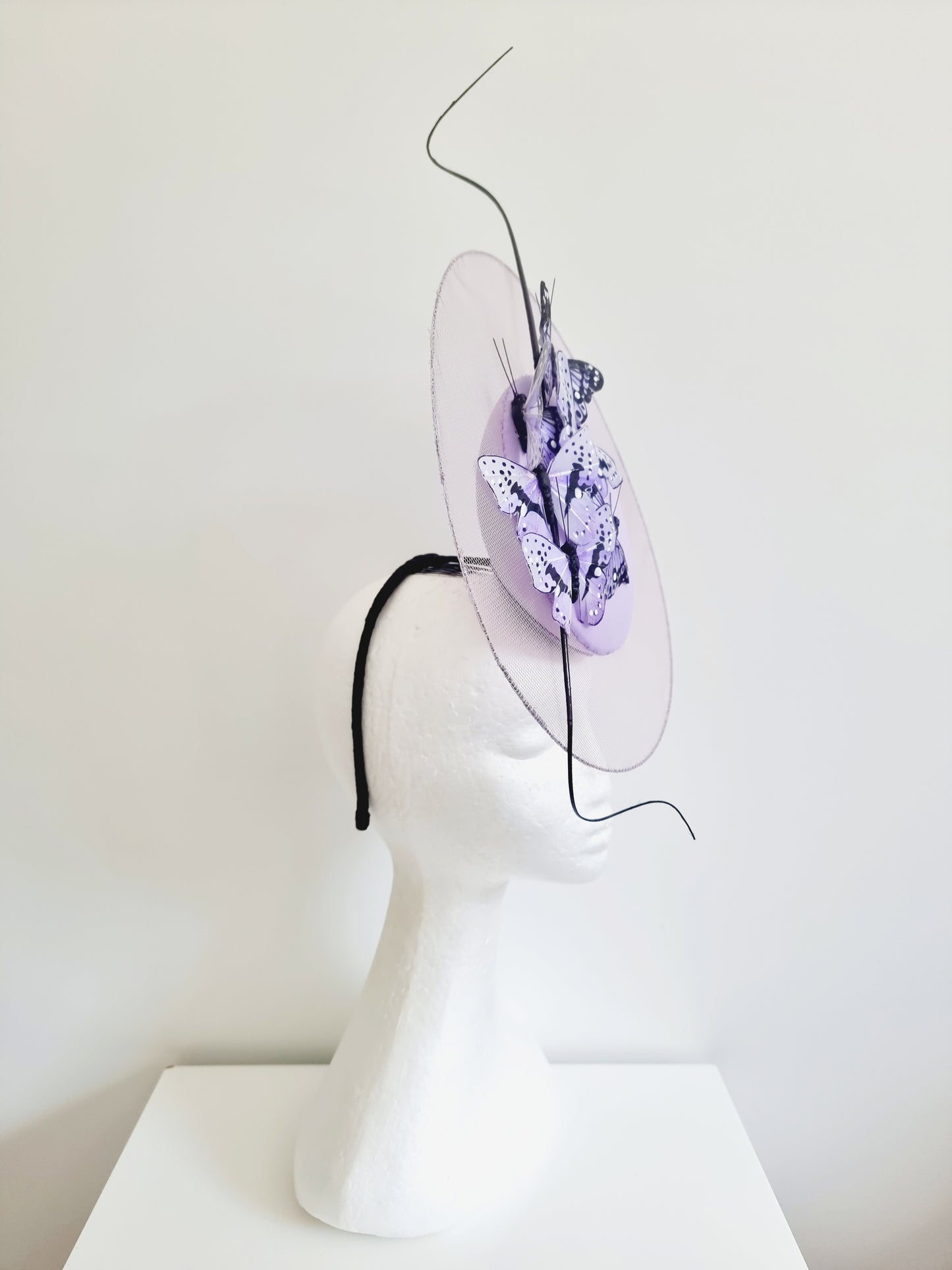 Miss Papillion.Womens Lilac satellite percher headband fascinator with butterflies