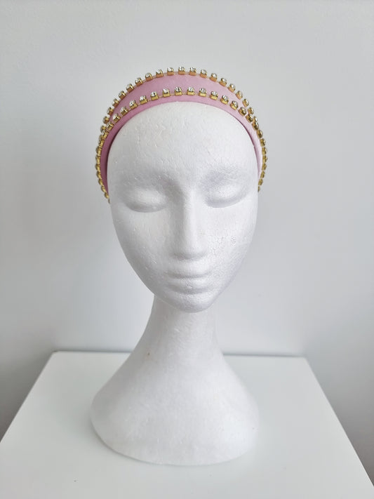 Miss Neva. Womens Pale Pink velvet / gold embellished headband