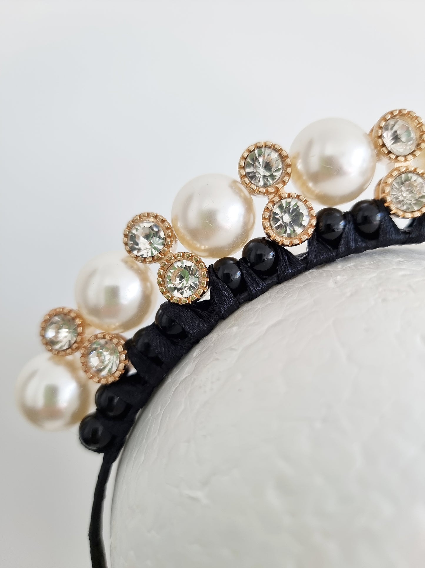 Miss Pearl. Womens off White  & black pearl gold embellished headband