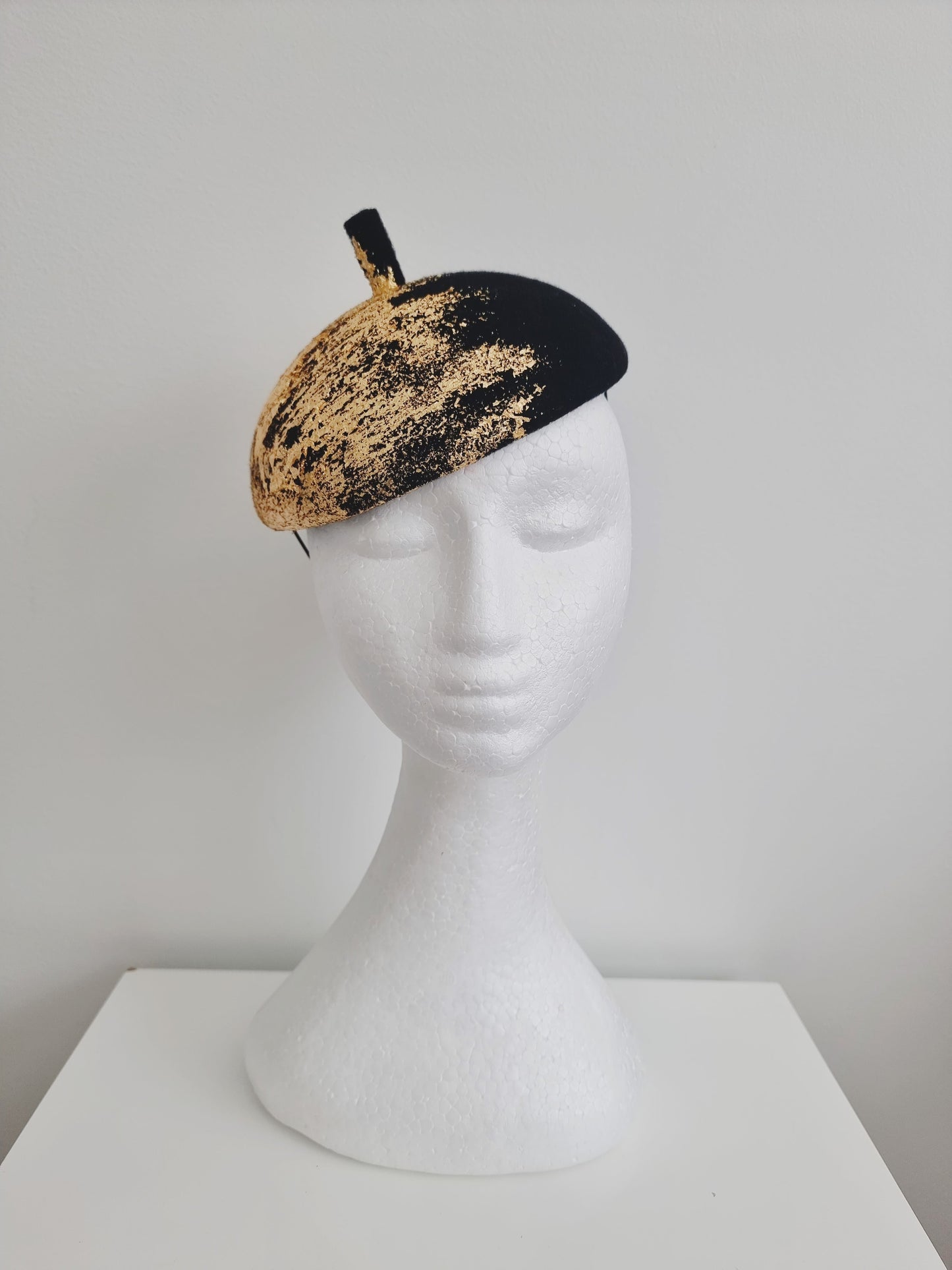 Miss Dalyn. Womens Black wool felt beret with gold foiling fascinator