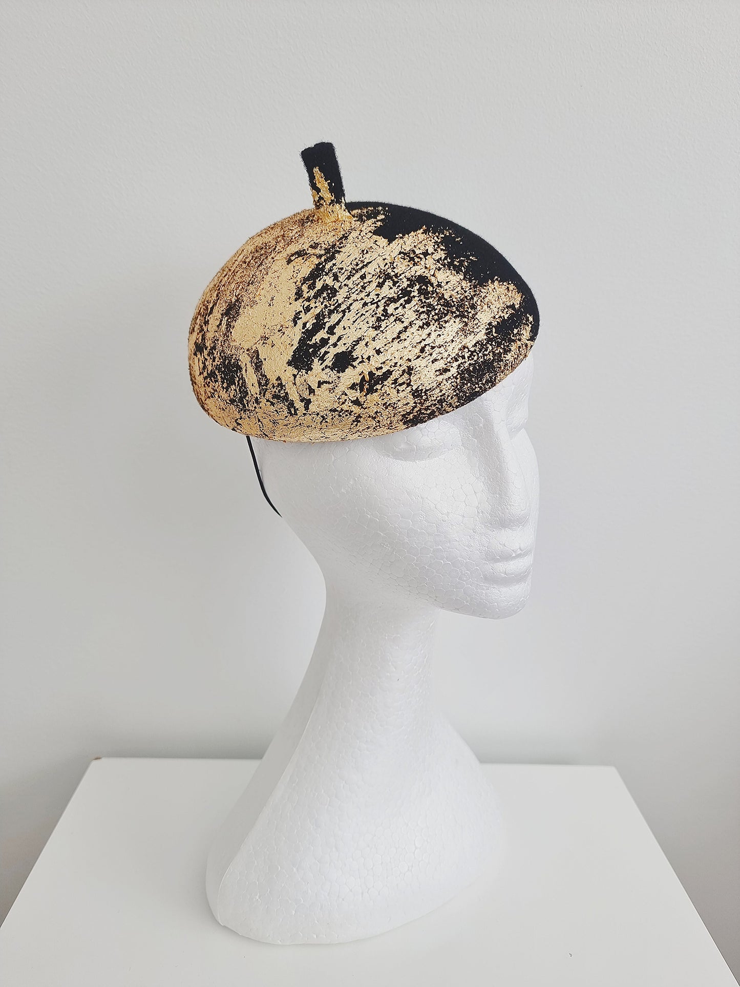 Miss Dalyn. Womens Black wool felt beret with gold foiling fascinator