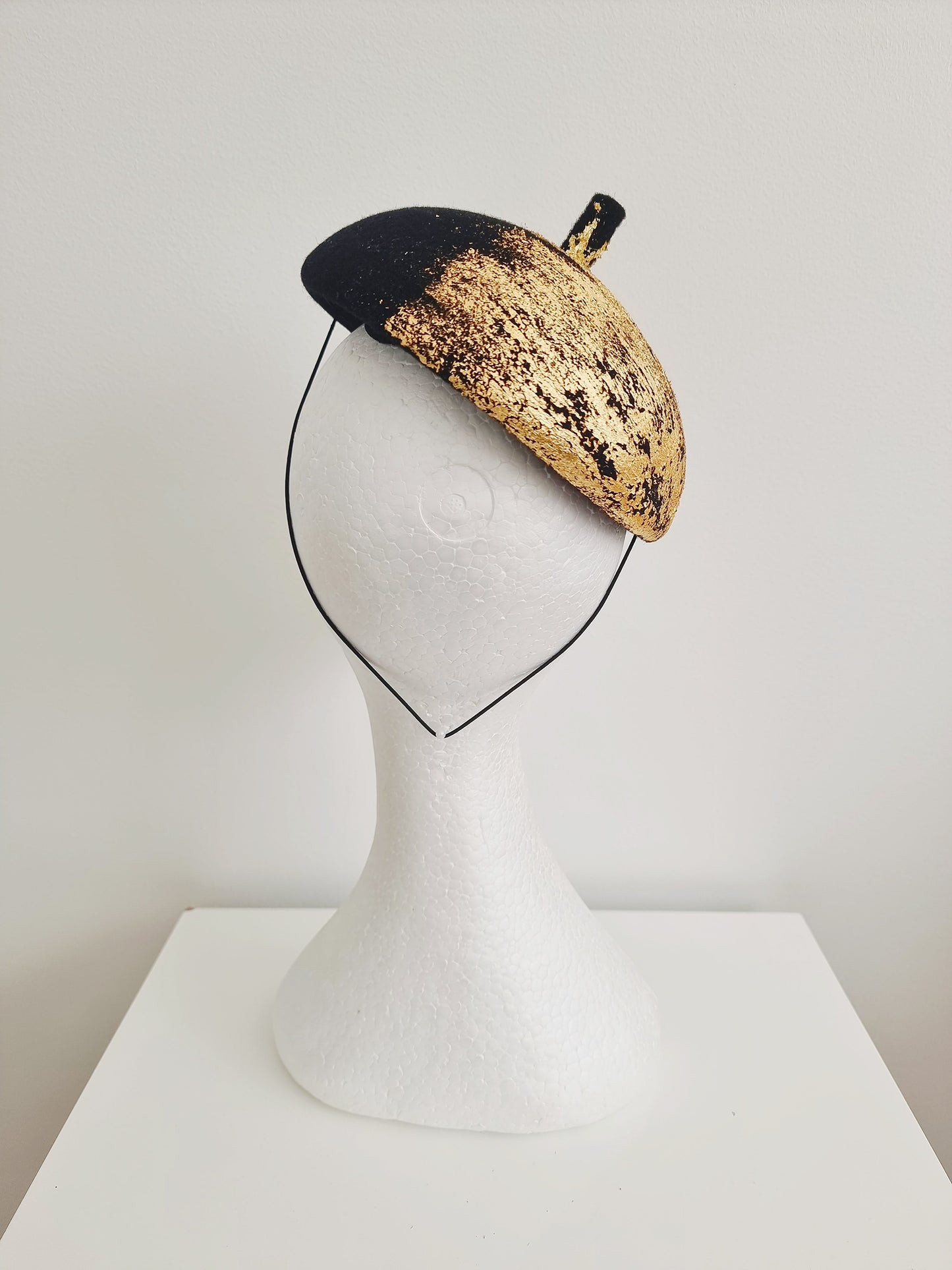 Miss Dalyn. Womens Black wool felt beret with gold foiling fascinator