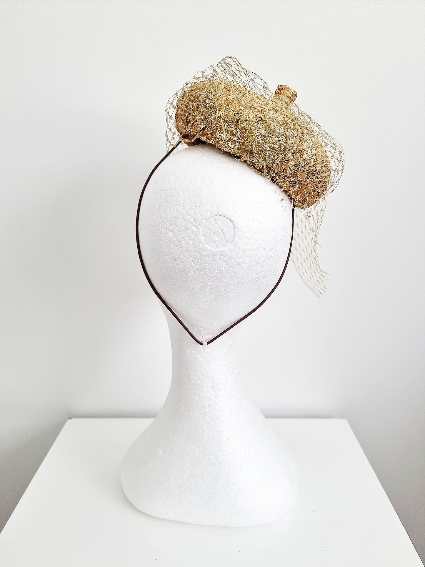 Miss Cute as a Button. Womens Metallic Gold sequin bubble button fascinator with veiling