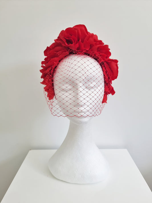 Miss Trixie. Womens ruffle embellished headband with veiling in Red