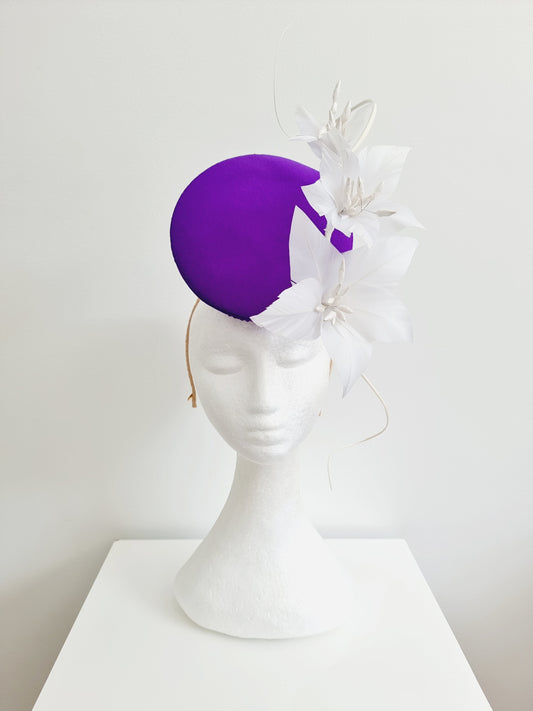 Miss Acadian. Womens Purple and white flower percher headband fascinator