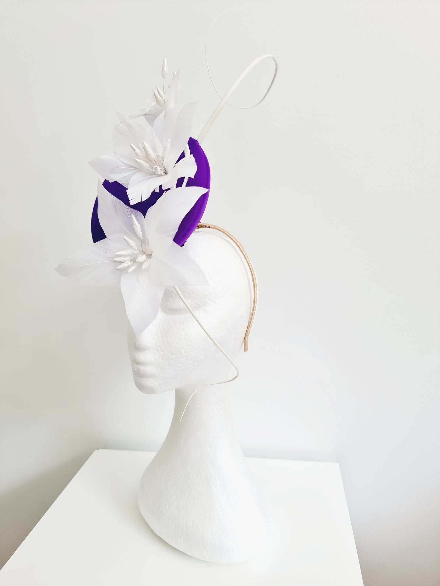 Miss Acadian. Womens Purple and white flower percher headband fascinator