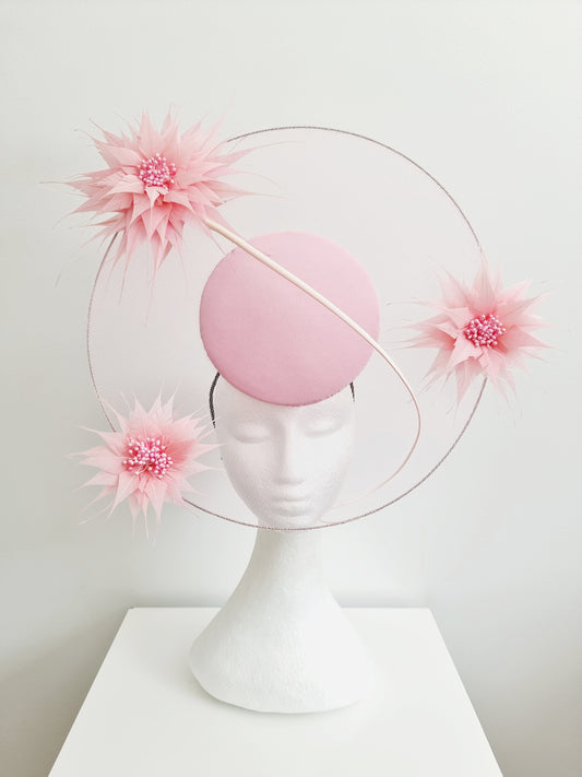 Miss Beckett. Womens Pink Petal satellite percher headband fascinator with flowers