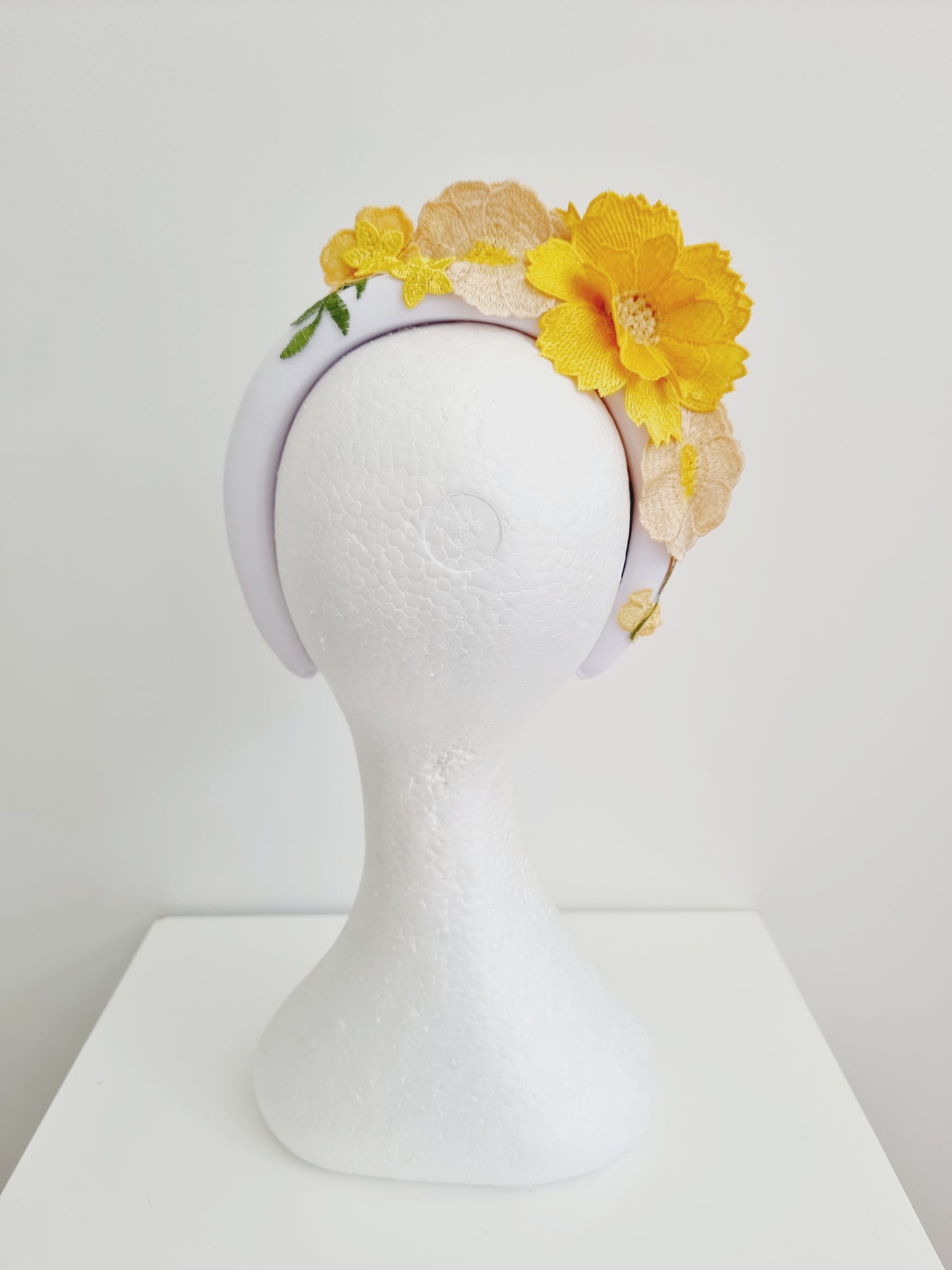 Miss Whimsical headband.  Womens 3D Yellow / white floral lace headband