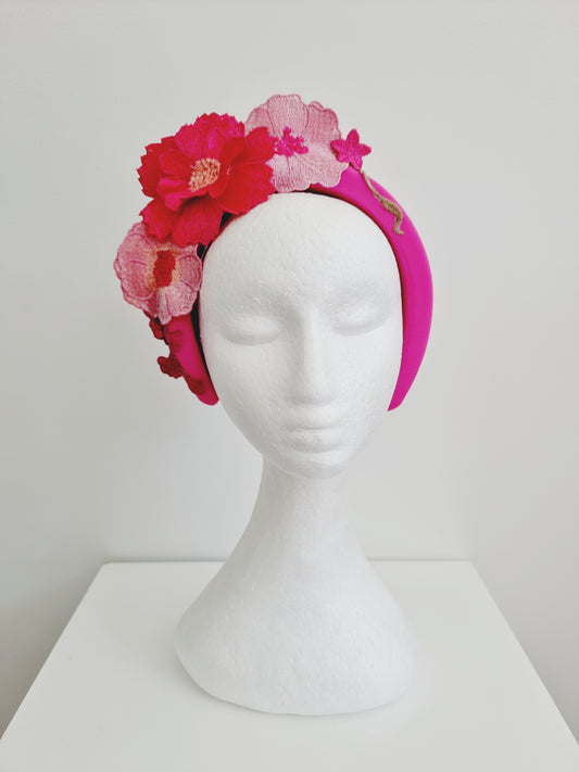 Miss Whimsical headband.  Womens 3D Pink tonal floral lace headband