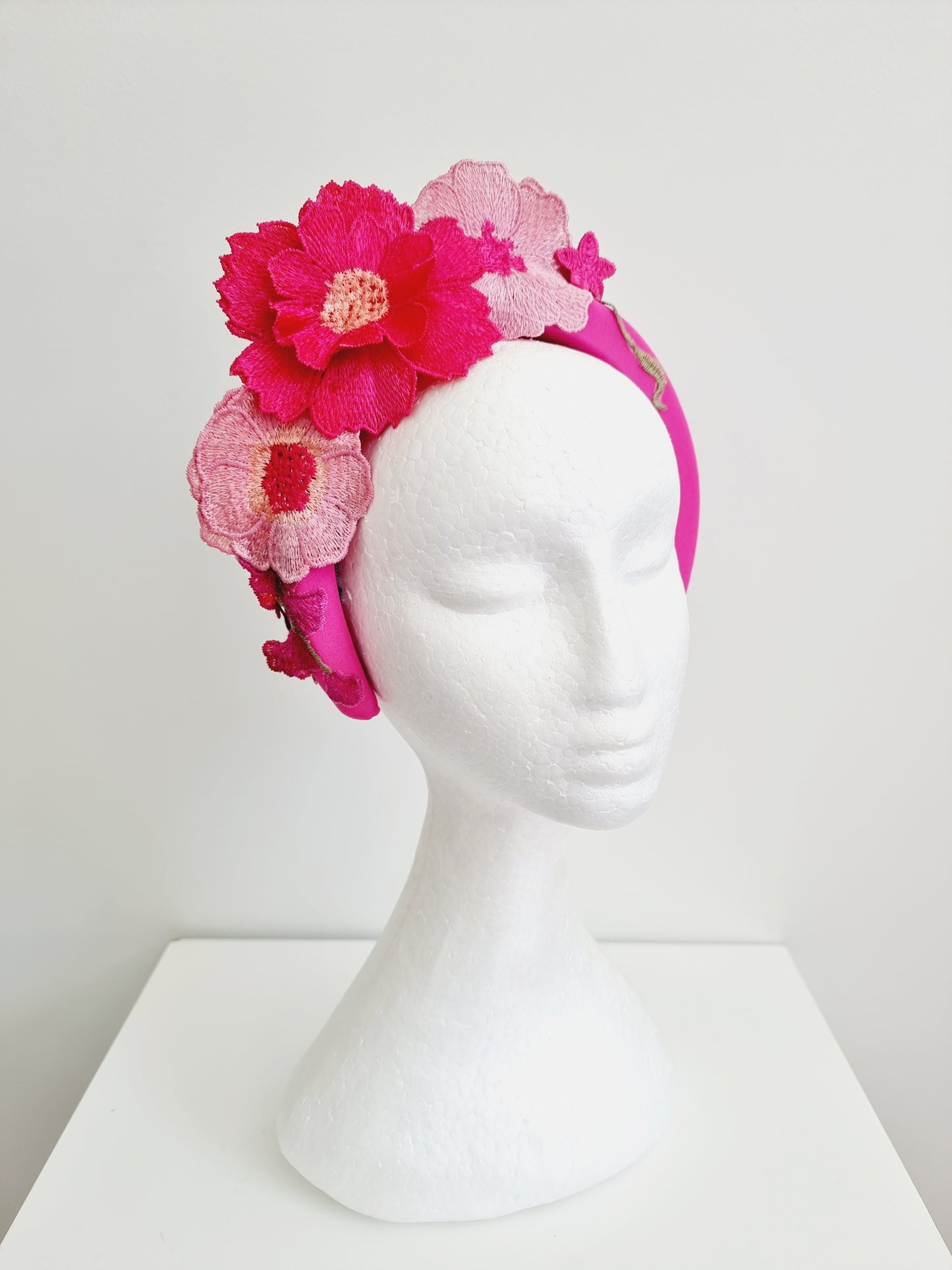 Miss Whimsical headband.  Womens 3D Pink tonal floral lace headband