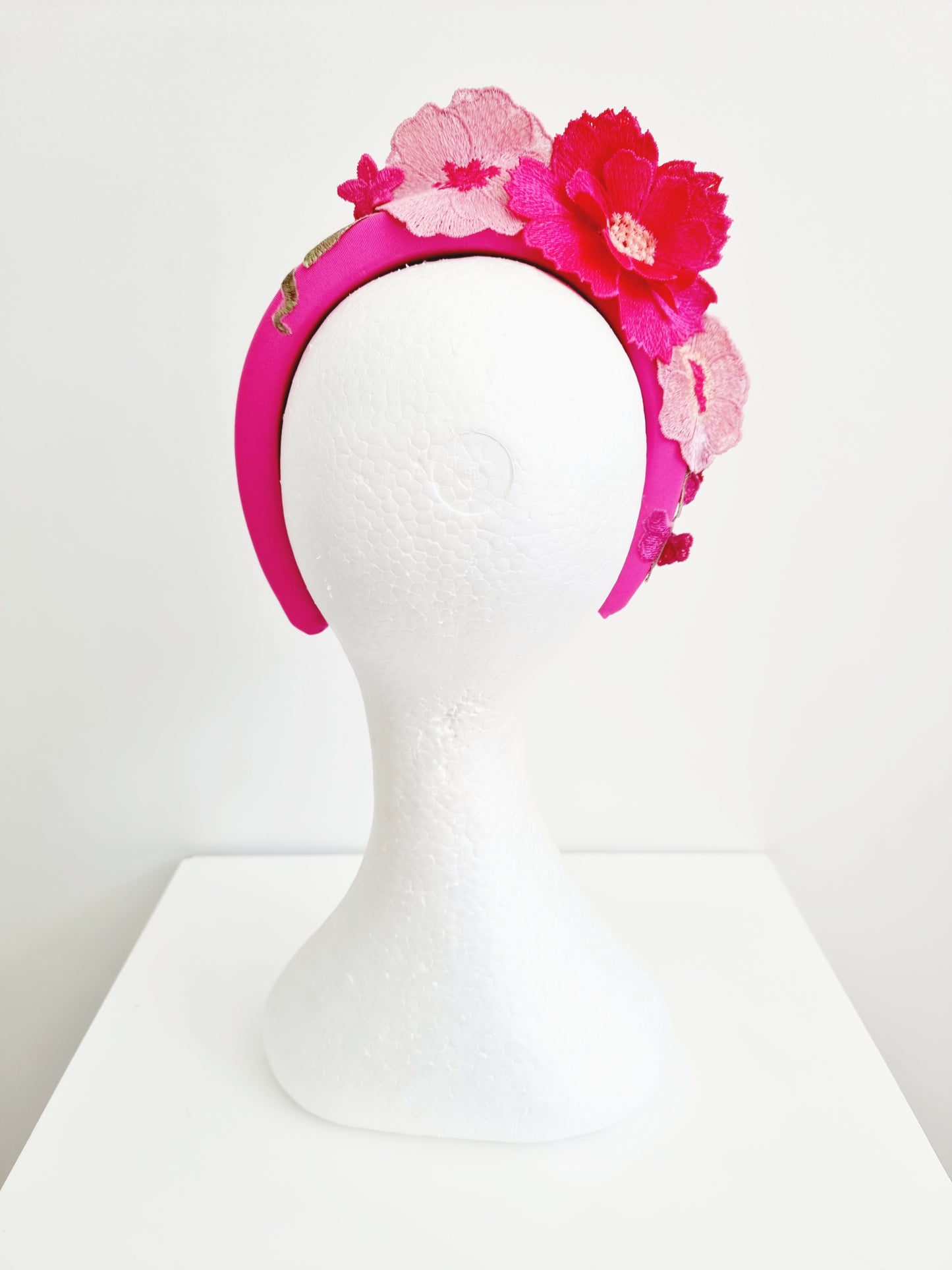 Miss Whimsical headband.  Womens 3D Pink tonal floral lace headband