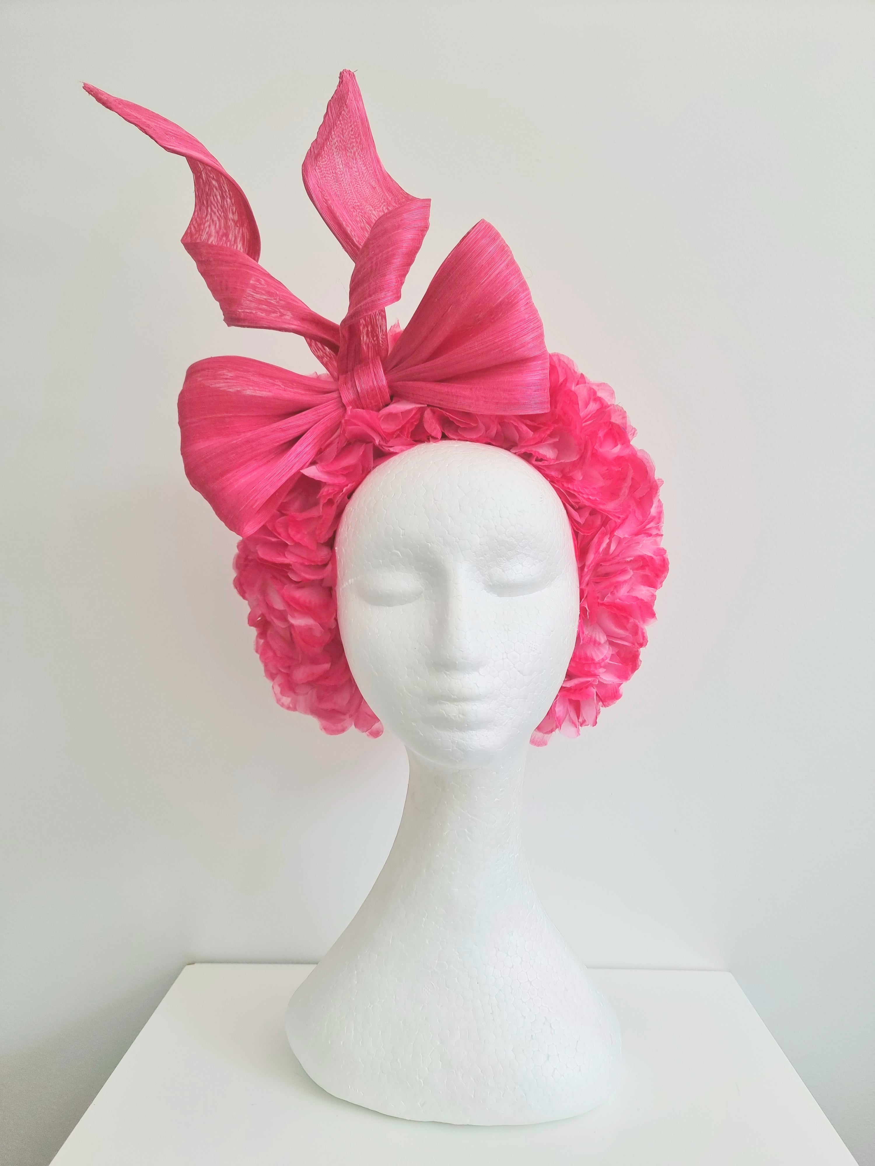 NEW black fascinator with silk abaca loops, 2024 pink arrow feathers and hydrangers!