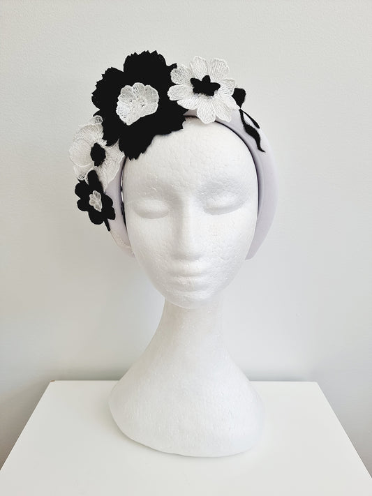 Miss Whimsical headband.  Womens 3D Black and White floral lace headband