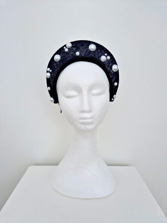 Miss Taylor. Womens Navy Blue sinamay halo headband fascinator with pearls