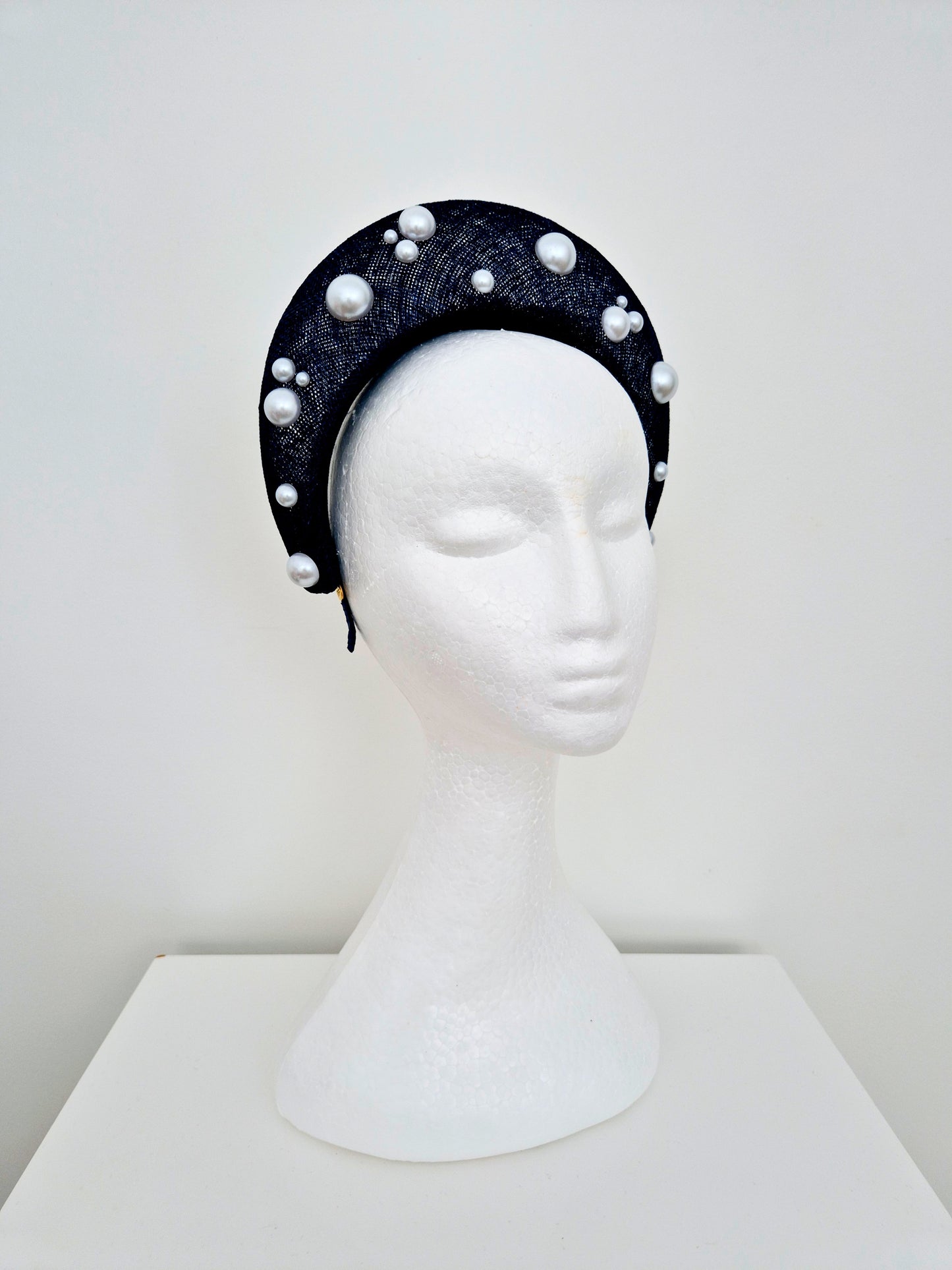 Miss Taylor. Womens Navy Blue sinamay halo headband fascinator with pearls