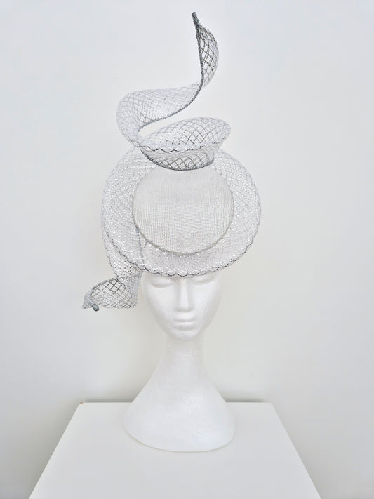 Miss Duke. Womens Silver button percher headband fascinator with crinoline swirl