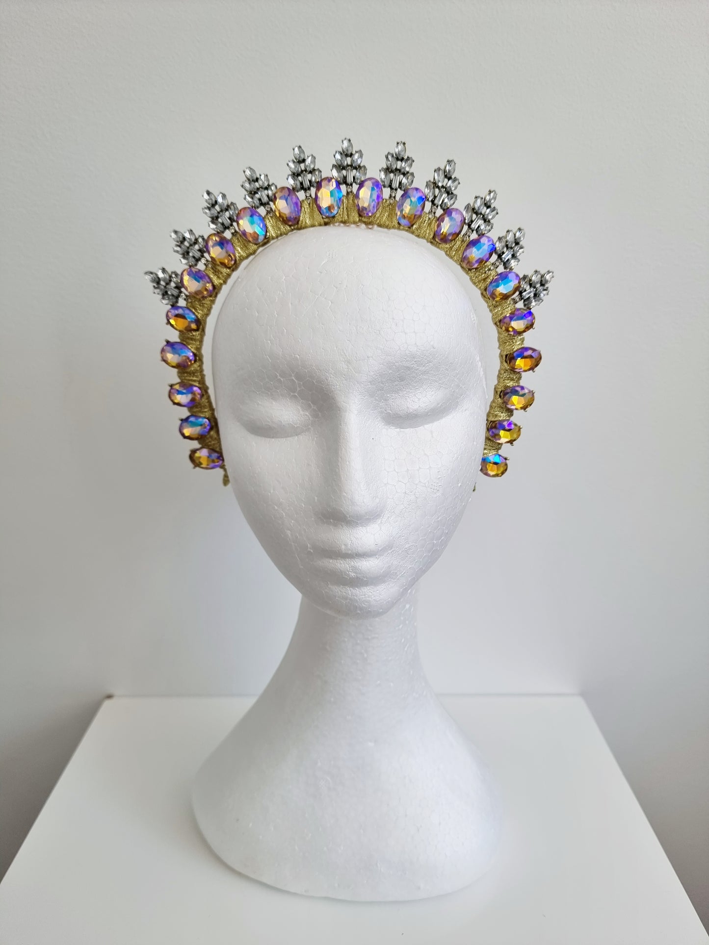Miss Ice Maiden. Womens Iridescent Golden Lilac rhinestone crown headband
