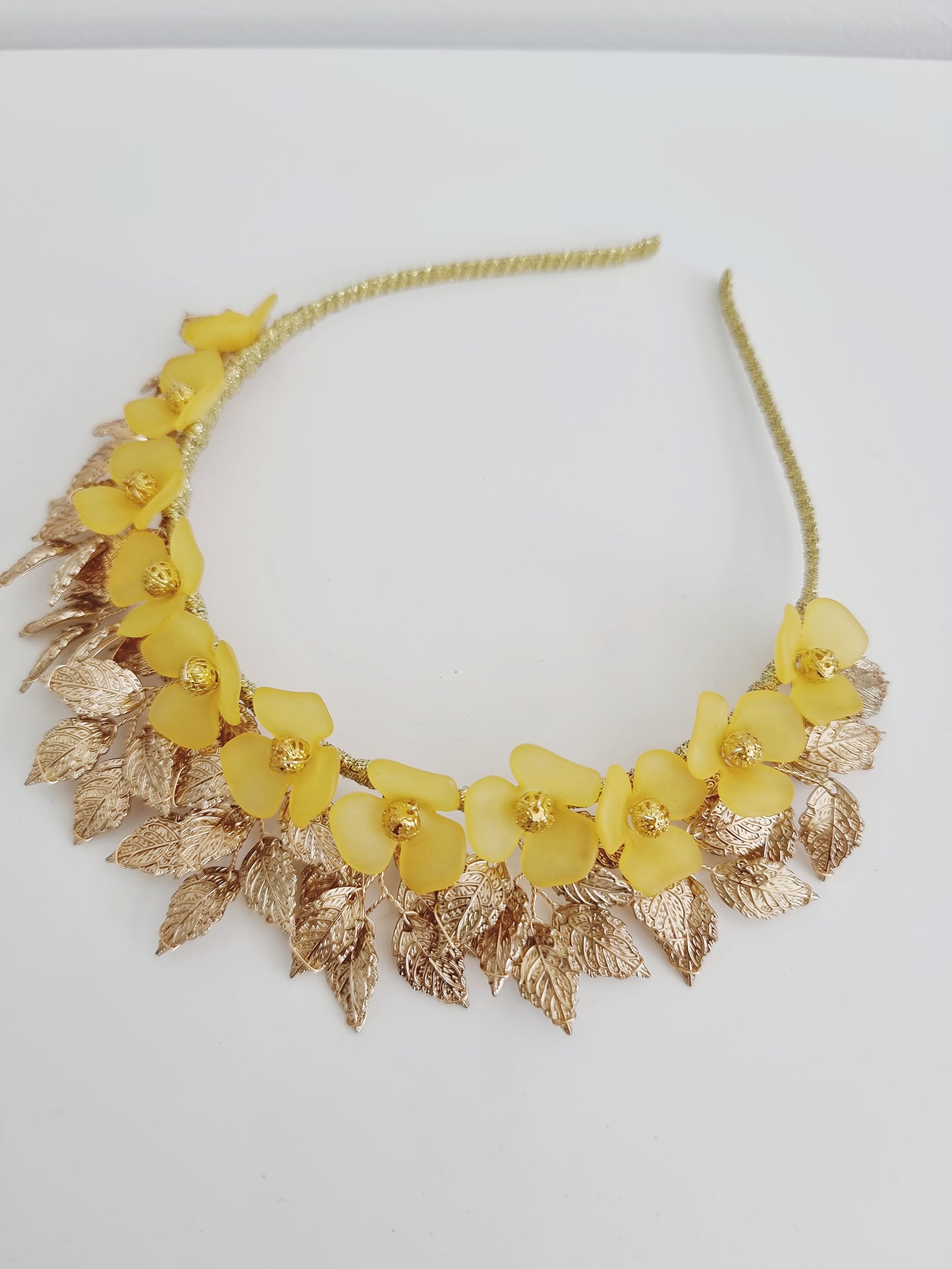 Miss Freya. Womens embellished flower headband fascinator in Honey Yellow /gold