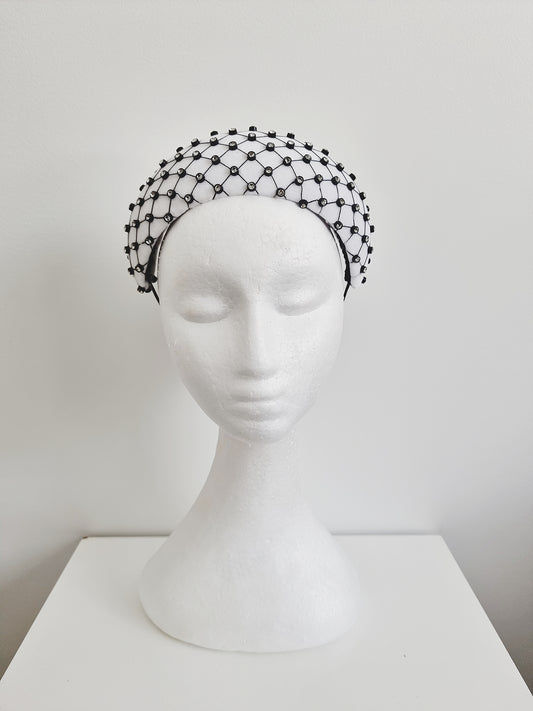 Miss Geena. Womens  white velvet and black rhinestone netting headband fascinator